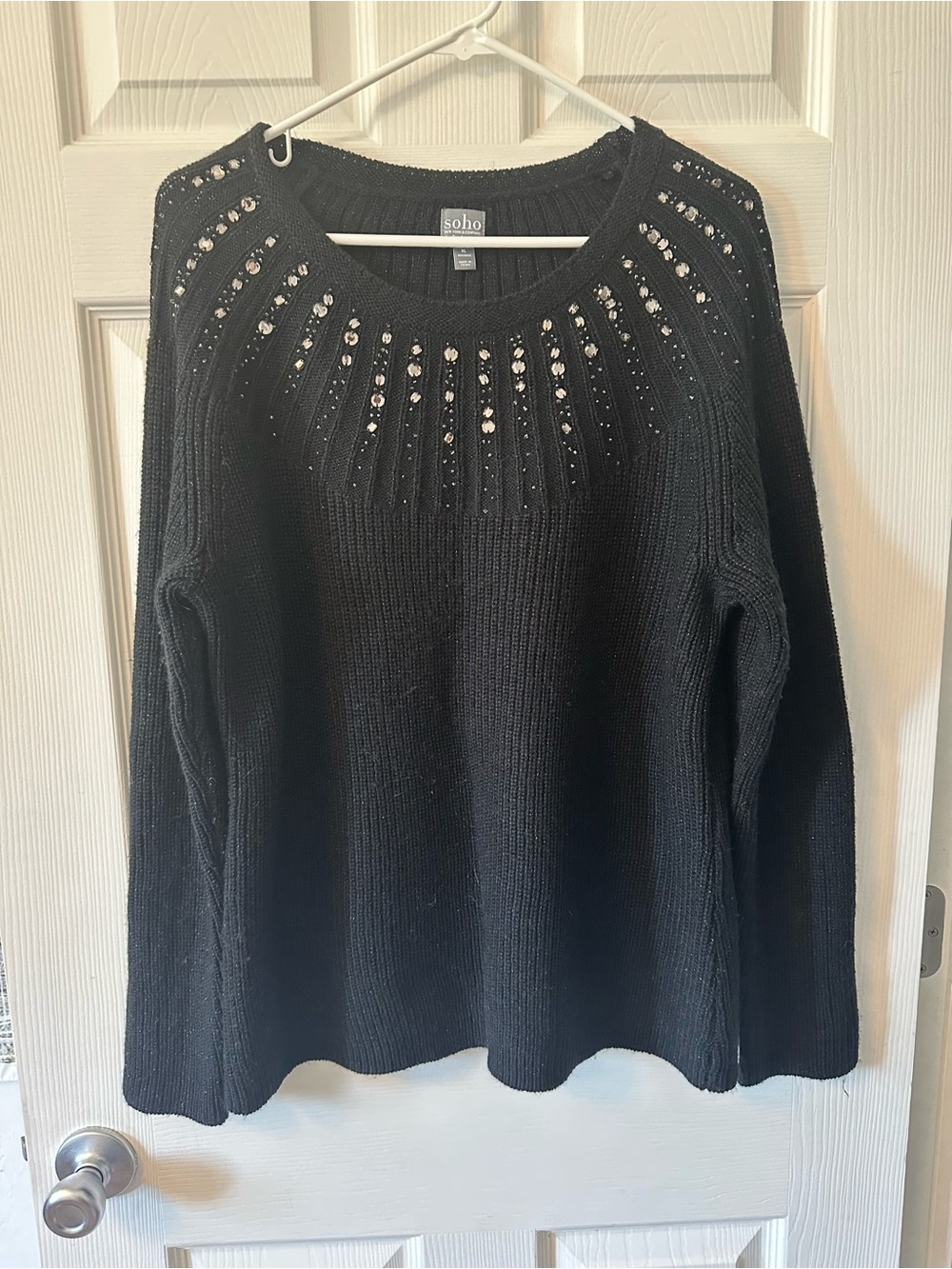 New York & Company Black Crewneck Sweater with Rhinestone Neckline